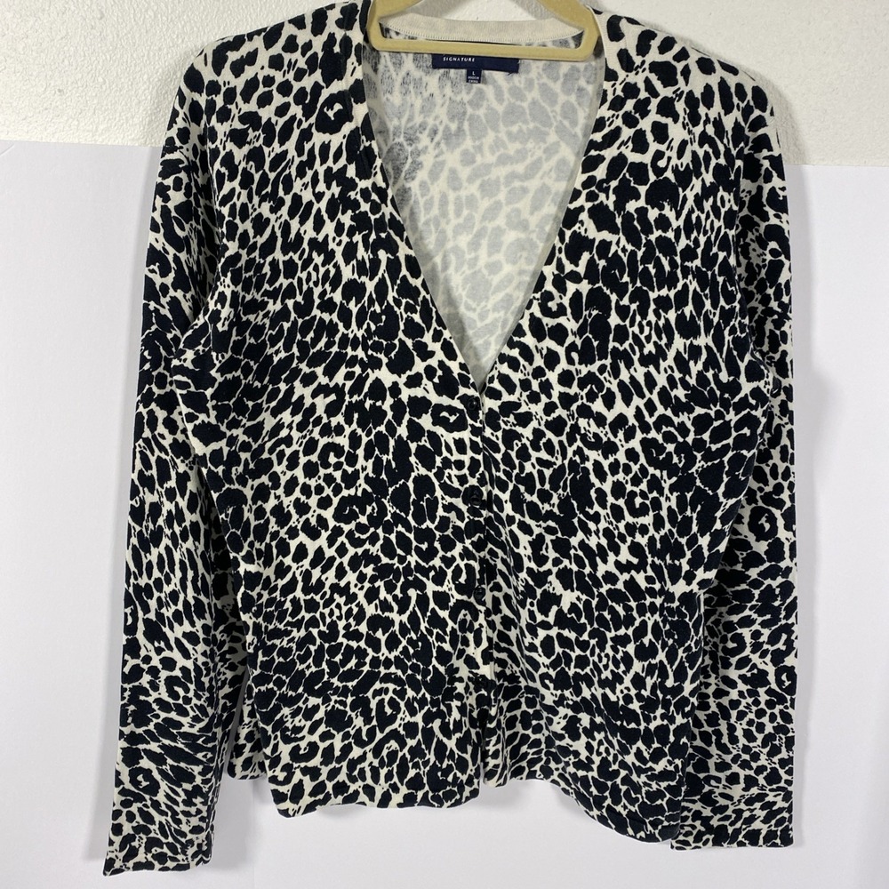 Jones New York Signature Women's Leopard Print Cardigan Large Button Front C2